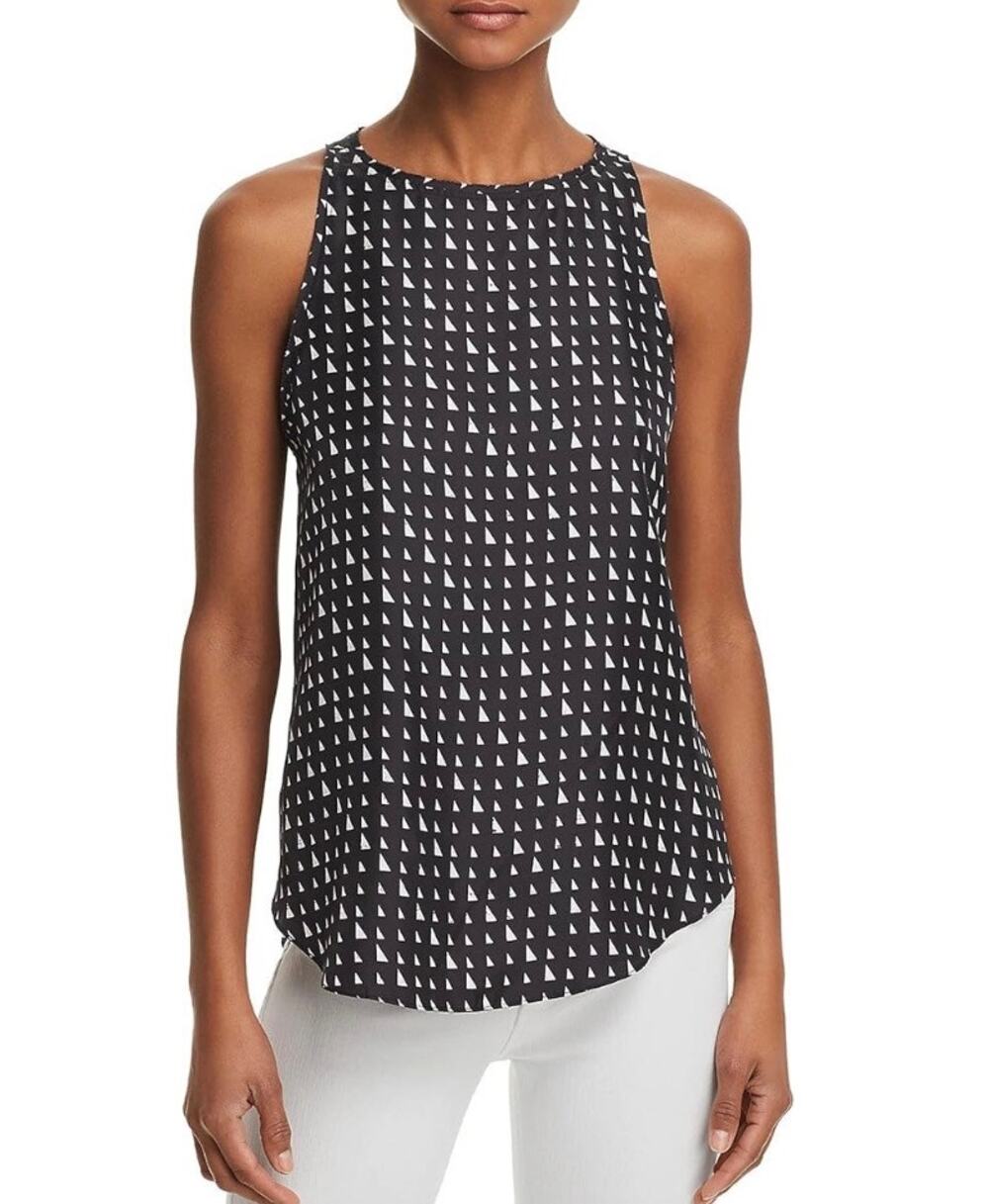 NEW Theory Blouse Top 100% Silk Sleeveless Black Geometric Large Quiet Luxury